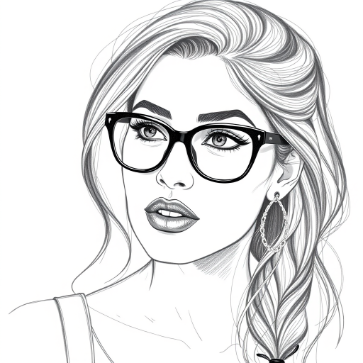 hot mia khalifa, pencil sketch, portrait of beautiful woman 60s in glasses, hair style beatnik, outline, clear lines, fine lines, 8k