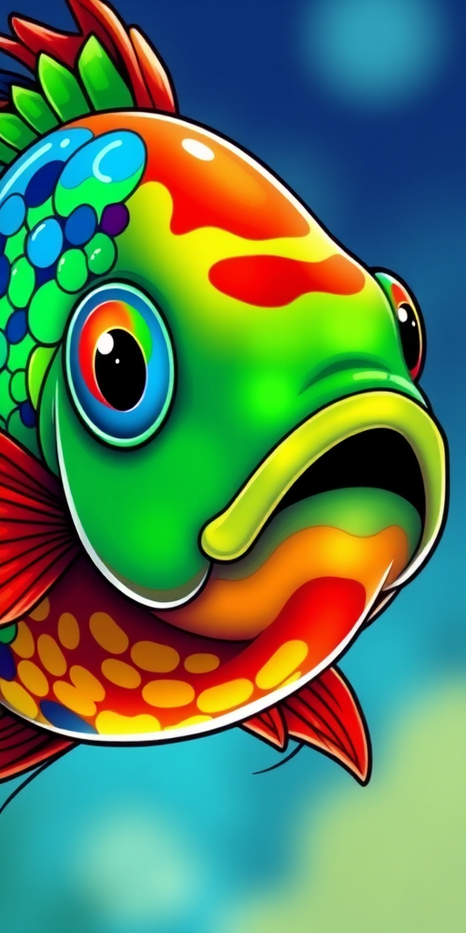 Create a vibrant, cartoon-style illustration of a colorful fish with a green, blue, and red pattern, using a DSLR camera with a 50mm lens at f/2.8, in a close-up view to enhance details and saturation.