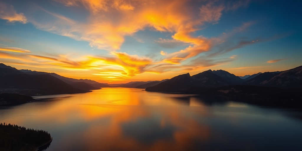 sunset over a tranquil lake surrounded by mountains, rich orange and yellow hues in the sky reflecting on the water, shot with a DSLR camera at f/8 aperture, ISO 100, 1/60 sec shutter speed, wide-angle lens, landscape view, golden hour lighting