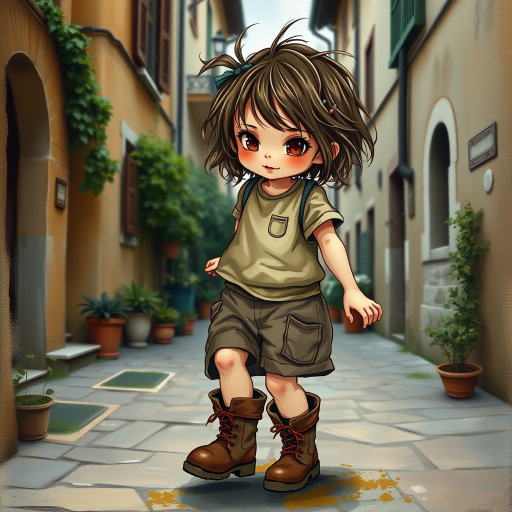 Whimsical little 3-year-old girl wearing scruffy tomboy clothes, boots, messy hair heavily blushed cheeks, pink lips, closely dancing in the street of an Italian village,Textured painterly fantasy artistic mixed media