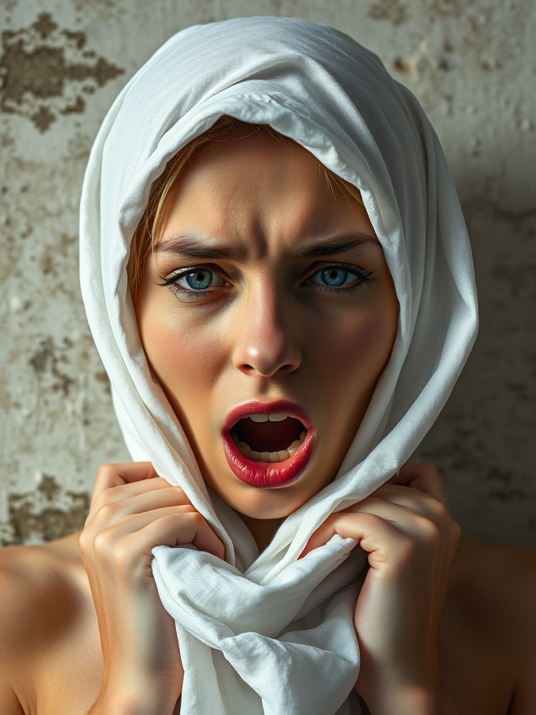 Create a close-up photographic image of a Caucasian woman with light skin tones shown against an old, worn wall. Their head is wrapped in a white cloth covering (i.e.... parts of the head except the nose and mouth, which are open as if they are screaming...), with a slight texture and visible folds in the fabric. Thin strands of blonde hair escape from the wrapping above, falling lightly at the top and sides. Their hands hold the fabric as if they are tugging nervously. The lighting is dramatic and even, casting strong shadows. The image has a minimalist and surreal style with an emphasis on simplicity with soft color tones. The composition is centered.