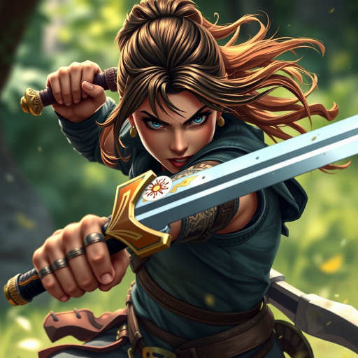 Create a high-resolution illustration of a fierce warrior woman wielding a sword, with dynamic action and detailed expression, using a DSLR camera with a 50mm lens at f/1.8, shooting in portrait orientation with soft natural lighting to enhance colors and depth.