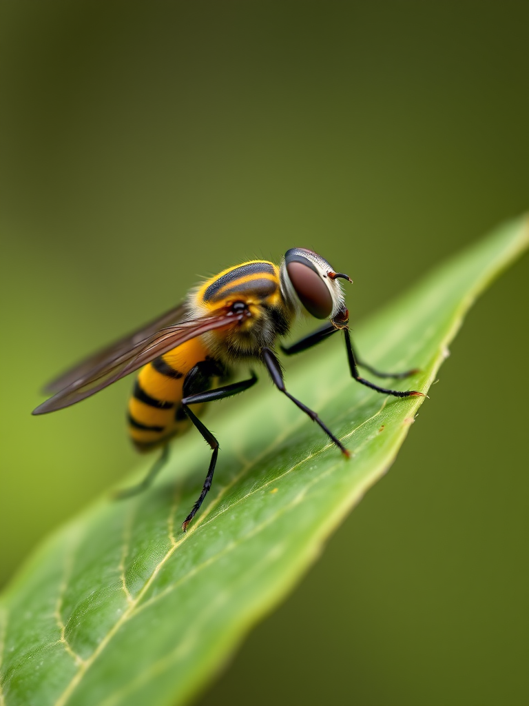 macro shot of a yellow and black hoverfly on a green leaf with blurred background, aperture f/2.8, shutter speed 1/200s, ISO 100, 100mm macro lens, natural light