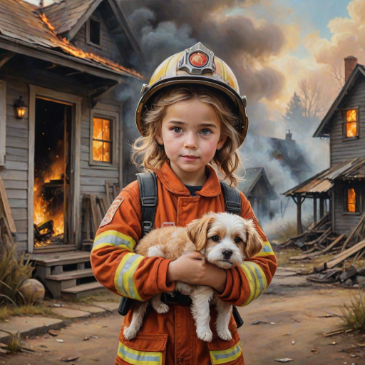 airbrushed oil painting, pixar style, cute little girl in fireman gear, helmet, tousled hair, expressive eyes, standing in the doorstep of a cottage burning behind him, holding a cute little dog in her arm, atumn sky