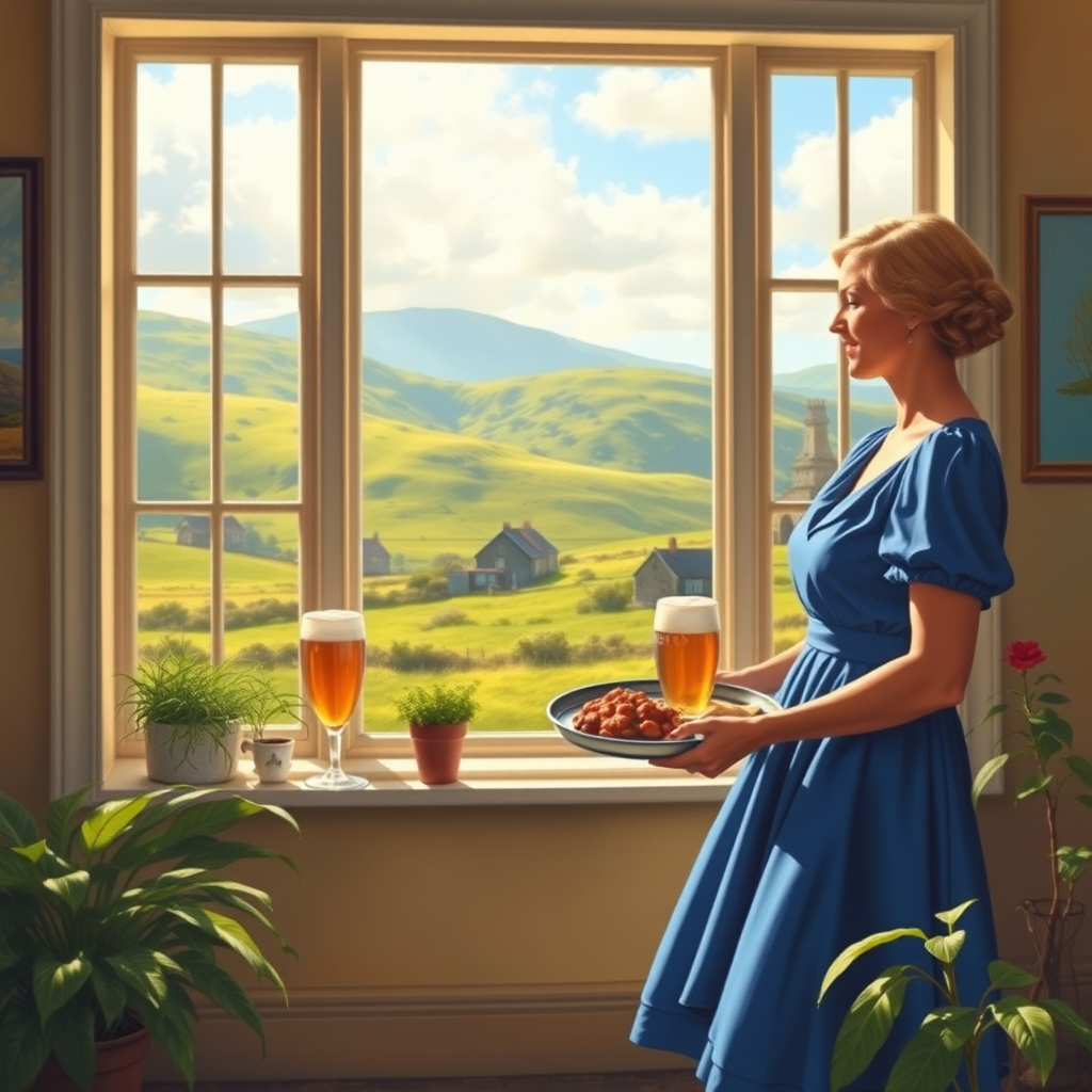 In "A Glass of Beer on the Highland," a serene scene is depicted in a sunlit room where a woman in a vibrant blue dress stands by a large window. She holds a tray with a hearty meal and a frothy glass of beer, embodying a moment of relaxation. Outside, the breathtaking highland landscape features rolling green hills and a charming traditional house, all bathed in warm afternoon light. The interior is adorned with potted plants, creating a harmonious blend of comfort and nature. The painting beautifully captures the tranquility and joy found in simple pleasures amidst stunning scenery