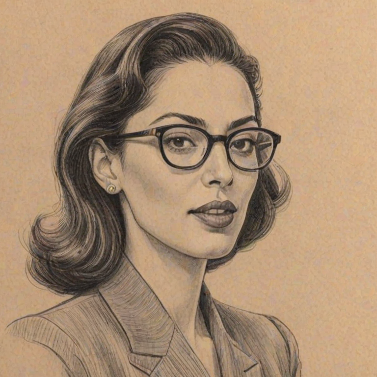 Wonderful Huma Abedin, pencil sketch, portrait of Superb woman 1940s in glasses, hair style beatnik, outline, clear lines, fine lines, 8k
