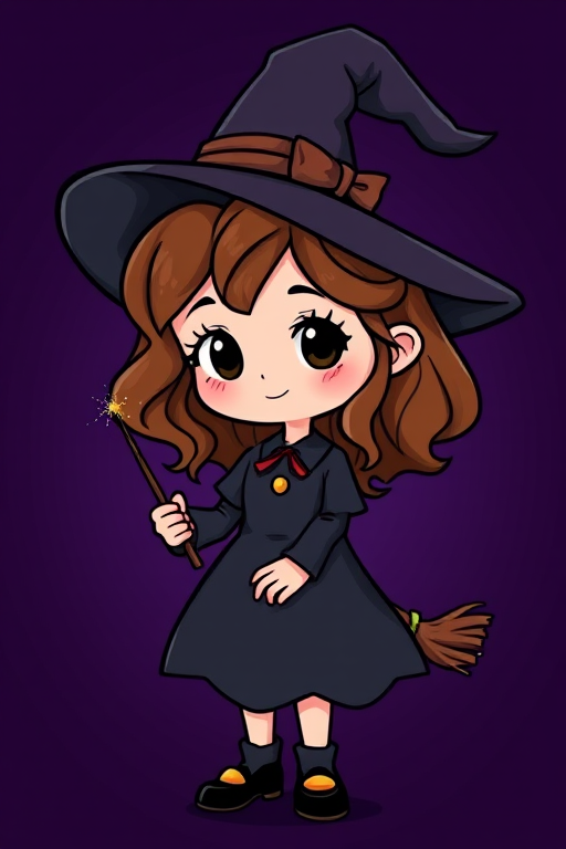 Create a cute cartoon witch character with wavy brown hair and a black dress, holding a magic wand, set against a dark purple background, use a Canon EOS R5, 50mm f/1.2 lens, at f/2.8, ISO 100, with a shallow depth of field for enhanced image quality and detail.