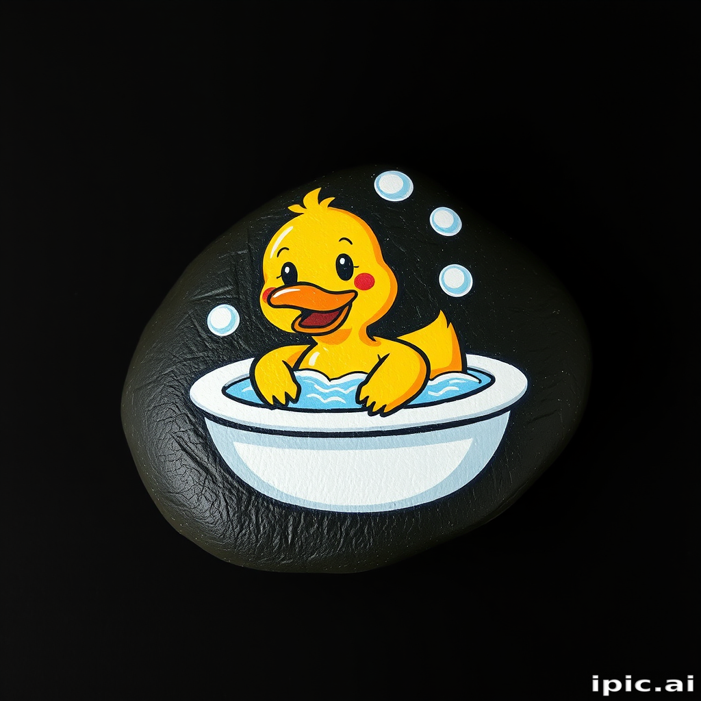 duck---drawn on a rock, an acrylic painted cartoon image of a rubber ducky taking a bubble bath. The rock is on a black background
