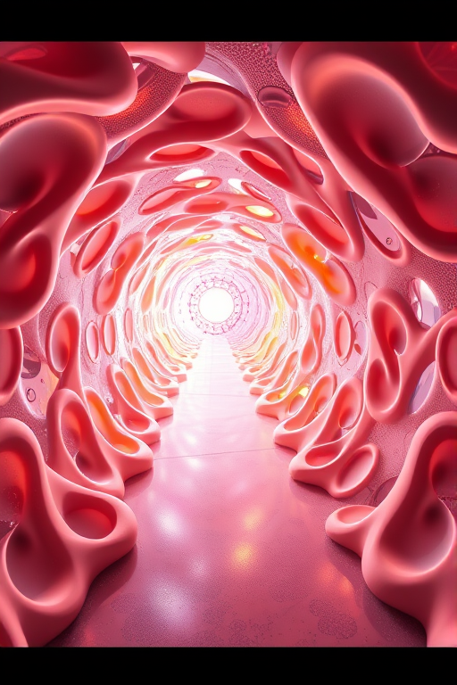 Generate a high-resolution 3D abstract tunnel with glowing organic shapes and intricate patterns, using a DSLR camera with a 50mm lens, f/1.8 aperture, ISO 100, 1/60s shutter speed, shot from a slightly tilted aerial perspective, in HDR style to enhance color vibrancy and details.