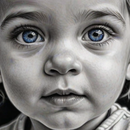 A hyperdetailed photorealistic black and white sketch of a beautiful toddler with deep blue eyes, with a macro focus