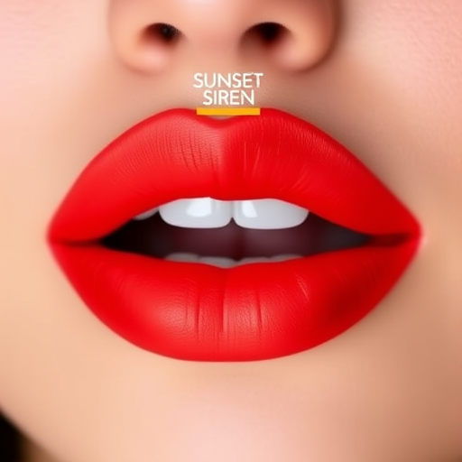Fiery red-orange ombré lips with a satin finish, called "Sunset Siren," featuring a gradient effect and intense color payoff, perfect for making a bold statement