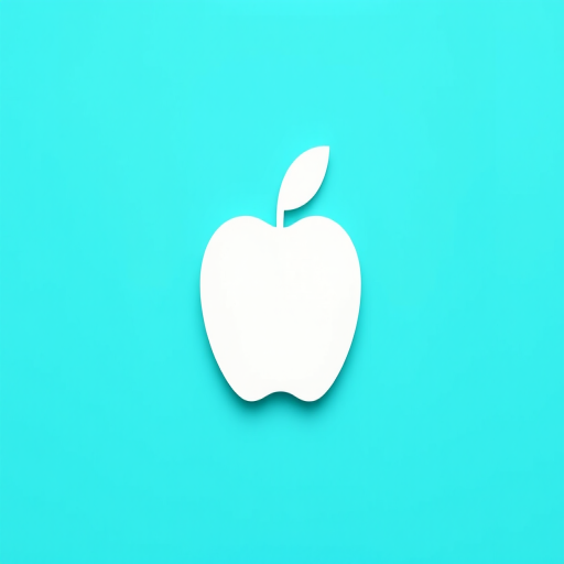 Create a high-resolution logo featuring a minimalist white apple on a turquoise background, using a 50mm lens with f/1.8 aperture, shot from a top-down angle with soft lighting to enhance detail and contrast, using a DSLR camera for optimal quality.