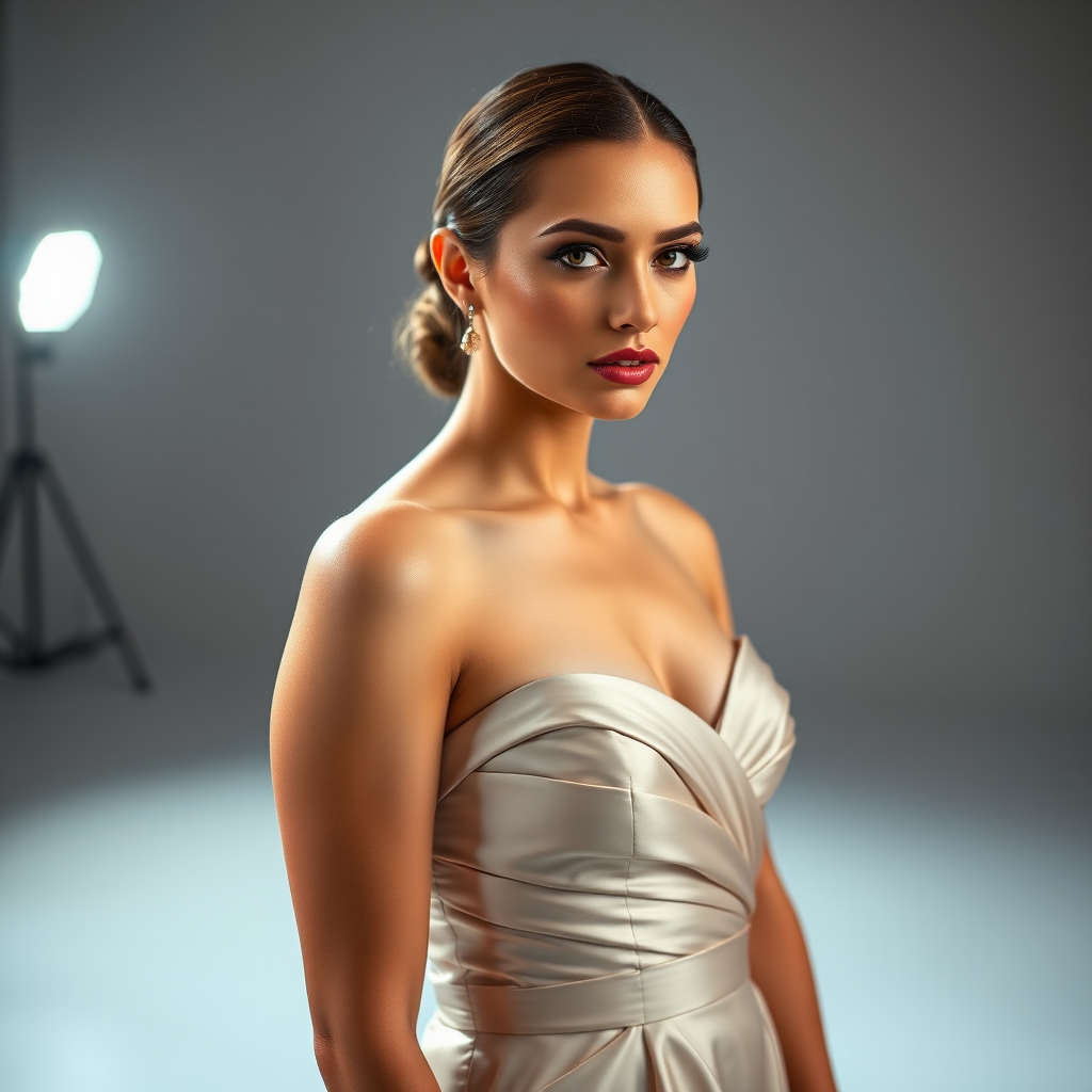 Studio portrait, female model, elegant couture dress, bold makeup, dramatic lighting, Utilize a 50mm portrait lens for crisp details and a soft background blur, 8k