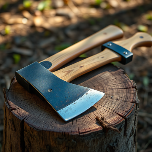 a pair of rustic axes resting on a wooden stump, natural lighting, high-resolution, shallow depth of field, 50mm lens, f/2.8, ISO 100, 1/200 sec, DSLR camera, close-up angle