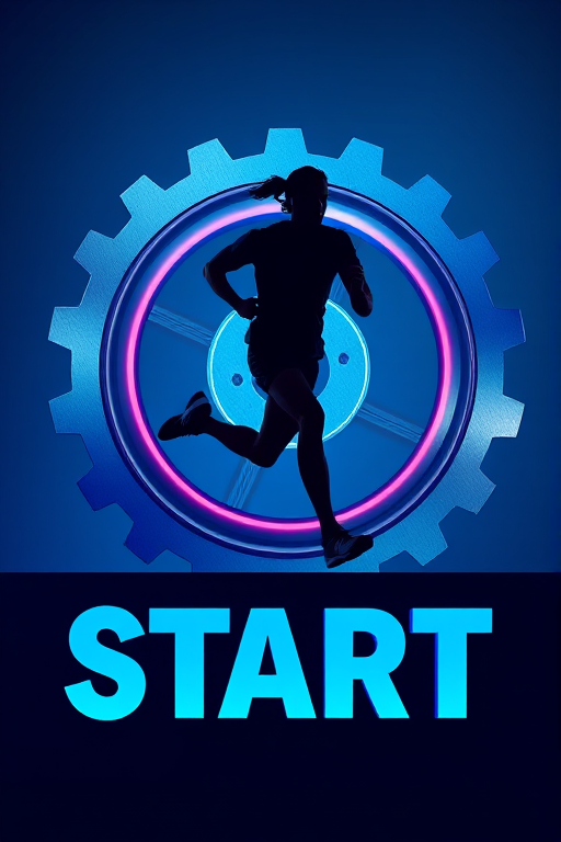 Create a high-resolution digital illustration of a runner in silhouette, dynamically posed in front of large, stylized gears colored in shades of blue and metallic tones, with the word "START" prominently displayed in vivid blue at the bottom, use a Canon EOS R5 with 50mm lens, aperture f/1.8, ISO 100, shot in 4K resolution, with a soft gradient background transitioning from dark blue to light blue.
