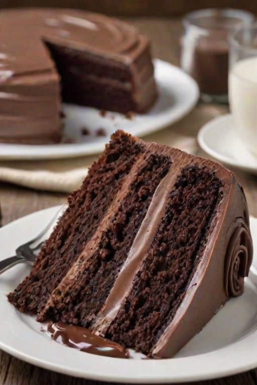 Generate an image of a slice of rich chocolate cake with layers of moist chocolate sponge and creamy chocolate frosting. The slice should be displayed on a simple white plate with a fork beside it, and the background should be light and neutral to emphasize the cake’s texture and color.