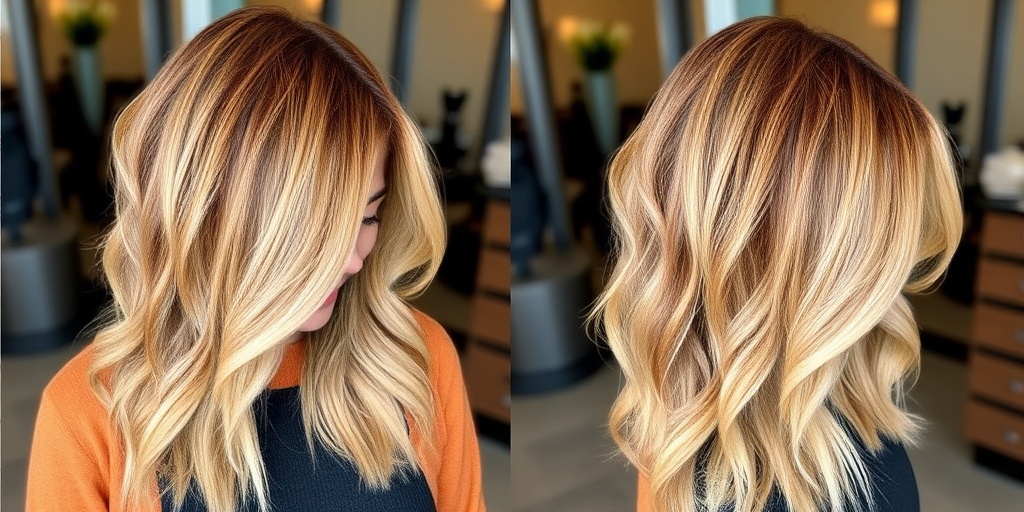 Soft honey blonde balayage on a long shag haircut, Golden Hour Shag style, blending warm tones with face-framing layers and textured ends for a lived-in look