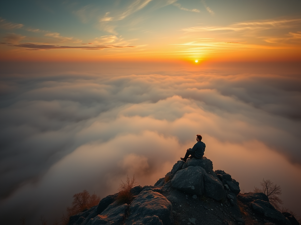 captured at sunrise over a foggy landscape with a person sitting on a rocky outcrop, Canon EOS R5, 24mm lens, f/8, ISO 100, 1/200s, HDR style, warm color tones, high dynamic range to enhance image quality