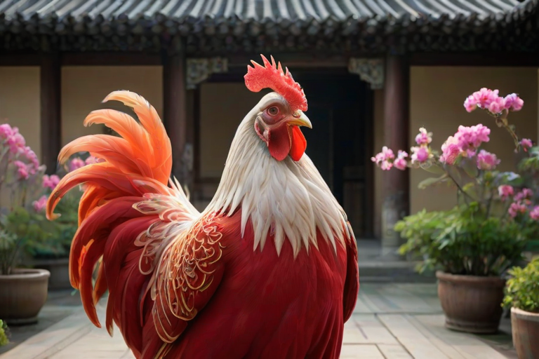 animanflux,This is a surrealistic realistic photography,in traditional Chinese attire, Tang dynasty, An anthropomorphic chicken is crowing proudly in the early morning courtyard. The courtyard is filled with a variety of flowers and plants, and dewdrops glisten crystalline on the petals. Its eyes were bright and proud, with a hint of triumph on its face, as if announcing the start of a new day. Dressed in a red robe embroidered with golden feathers and sunrise designs, it looked gorgeous and proud, the hem of the robe swinging gently as it crowed, as if echoing the morning light. In the courtyard, the flowers and plants are fragrant, and its robe swings gently with the wind, filling the whole scene with life and vigor