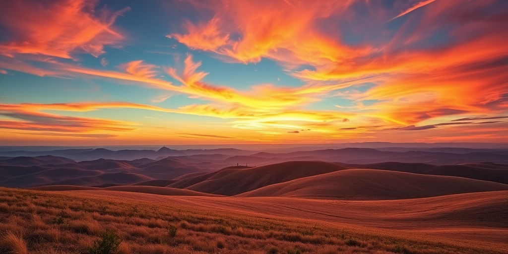 Generate an image of a serene landscape featuring rolling hills under a vibrant sunset sky, captured with a Canon EOS 5D Mark IV using a 24-70mm lens at f/8, ISO 200, shutter speed 1/125s, in landscape orientation with high dynamic range for enhanced color depth.