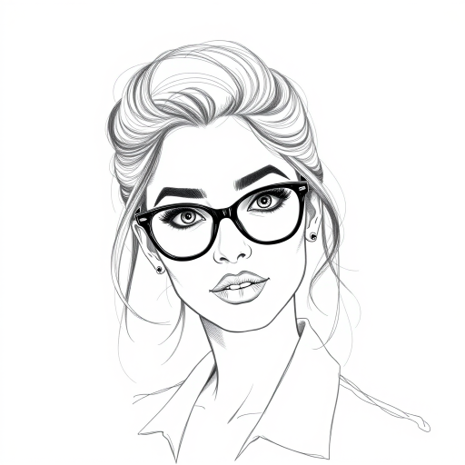 hot mia khalifa, pencil sketch, portrait of beautiful woman 60s in glasses, hair style beatnik, outline, clear lines, fine lines, 8k