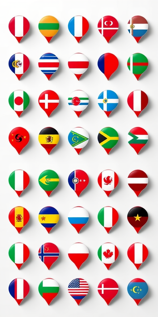 Generate an image of various country flags inside map marker icons arranged in two rows with a transparent background, using a Canon EOS 5D Mark IV camera, 50mm lens, f/1.8 aperture, ISO 100, and natural lighting for enhanced clarity.