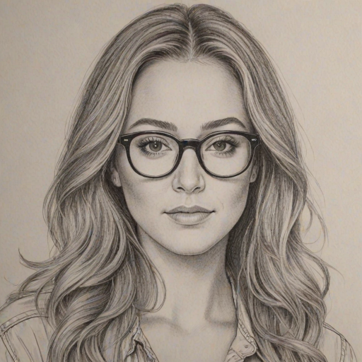 Pleasing Alexa Vega, pencil sketch, portrait of Appealing woman 1972s in glasses, hair style beatnik, outline, clear lines, fine lines, 8k