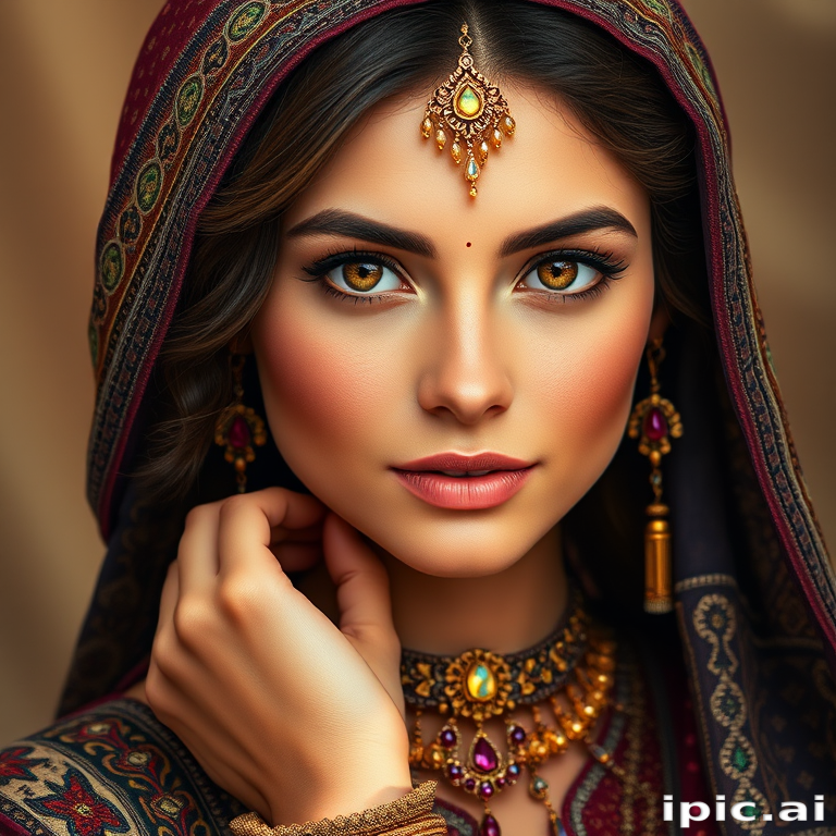 Create a portrait of a beautiful woman with striking hazel eyes and a gentle expression. She is adorned in traditional attire with intricate patterns, including a richly embroidered headscarf and matching garments. Her jewelry includes a delicate headpiece, dangling earrings, and ornate bracelets, all featuring vibrant gemstones and detailed metalwork. The background is soft and warm, enhancing the rich colors of her outfit and jewelry.