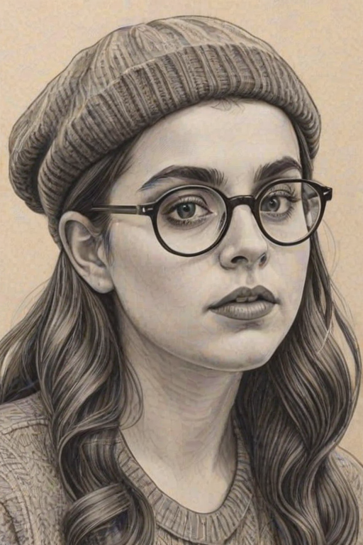 Appealing Beanie Feldstein, pencil sketch, portrait of Gorgeous woman 1924s in glasses, hair style beatnik, outline, clear lines, fine lines, 8k