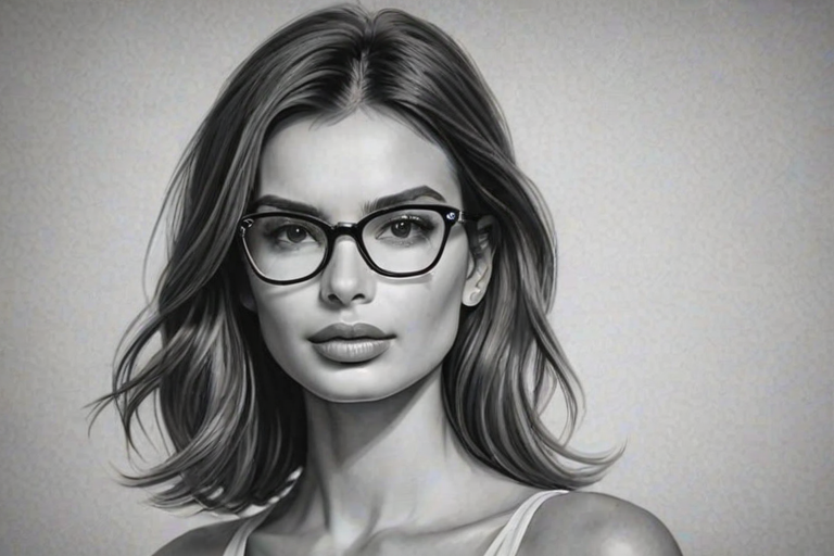 Appealing Emily Ratajkowski, pencil sketch, portrait of Alluring woman 1952s in glasses, hair style beatnik, outline, clear lines, fine lines, 8k