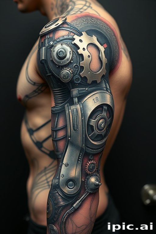 Realistic 3D biomechanical tattoo dubbed "Cybernetic Evolution" depicting hyper-detailed mechanical components seamlessly merging with human anatomy gears pistons and circuitry appear to lie just beneath the surface of the skin creating an illusion of a futuristic cyborg enhancement meticulously shaded to achieve a striking three-dimensional effect