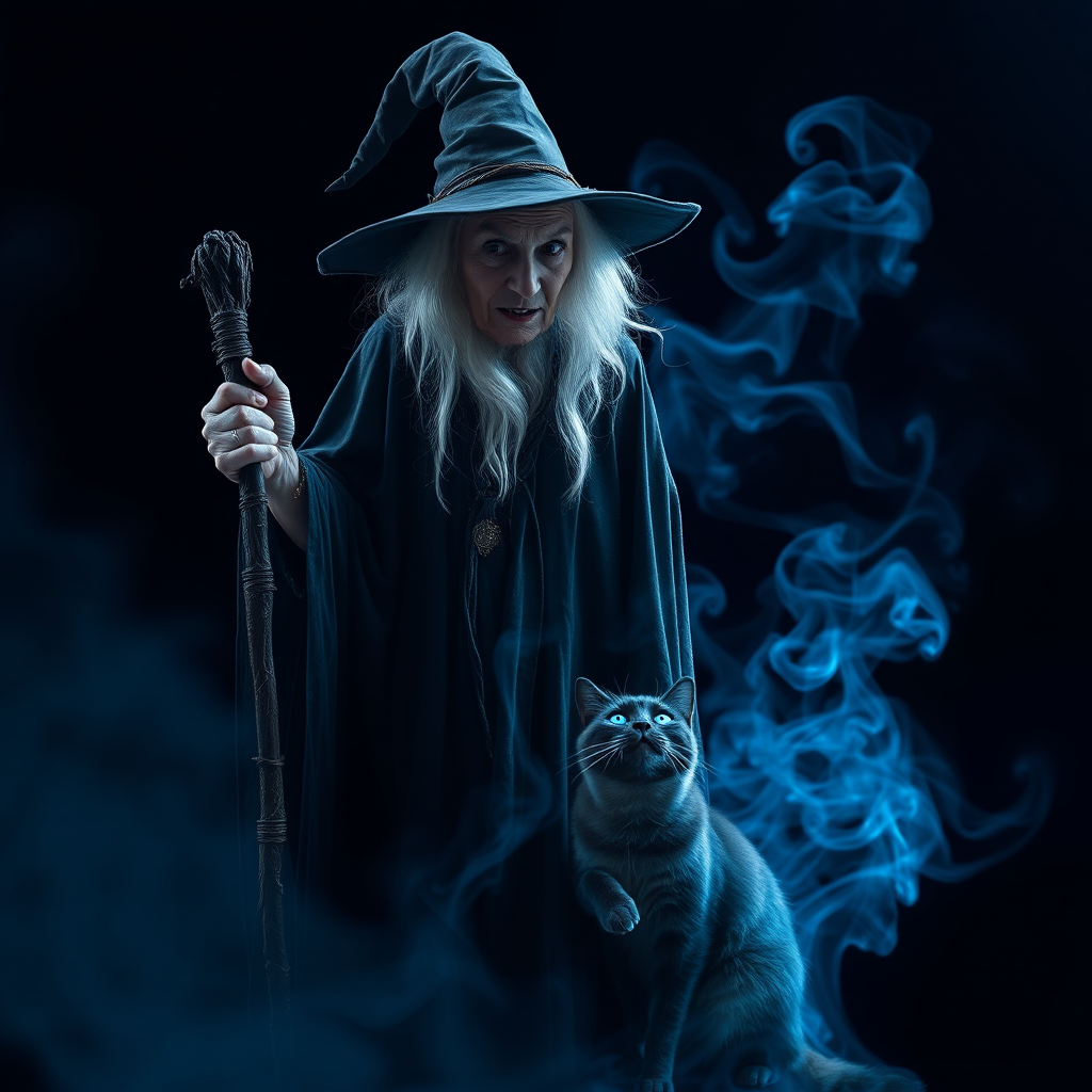 Close-up of a mysterious old crone female witch and her cat made of blue smoke are standing in the dark cackling evilly at the viewer. The smoke is a deep blue, and the background is black. The crone is wearing a long, flowing robe and has a pointed hat on her head. She is holding a staff in one hand and has a mischievous look on her face. The cat is sitting at her feet, looking up at her with glowing blue eyes. The smoke around them is swirling and shifting, as if it has a life of its own. The overall effect is eerie and magical.