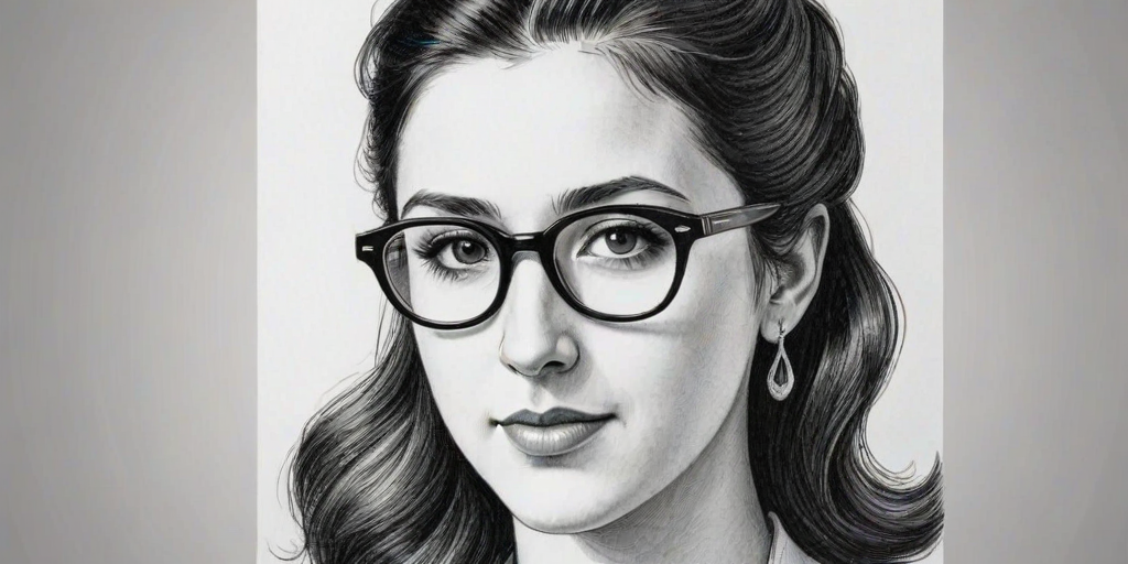 Stunning Vanessa Carlton, pencil sketch, portrait of Appealing woman 1950s in glasses, hair style beatnik, outline, clear lines, fine lines, 8k