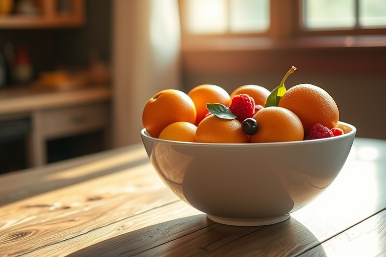 Warmly lit close-up of a bowl of fresh fruit on a rustic wooden table, soft sunlight streaming through a nearby window, with vibrant oranges, apples, and berries creating a colorful, inviting display.