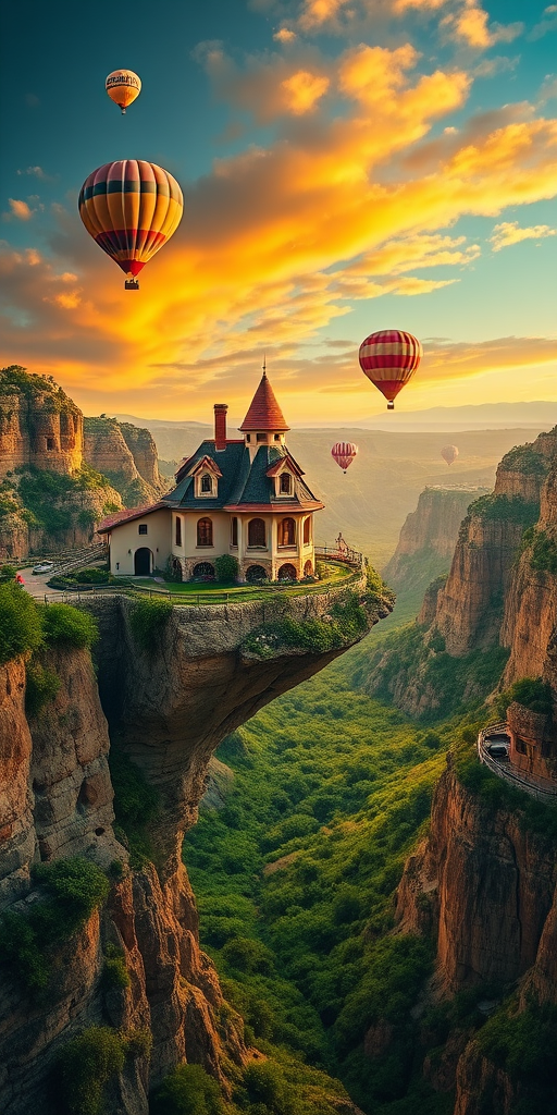 Create a high-resolution fantasy scene of a whimsical house perched on a cliff in a canyon, with hot air balloons in the sky, dramatic lighting, and lush greenery below, captured with a DSLR camera at f/8 aperture, ISO 100, using a wide-angle lens at 24mm, in a vibrant color palette.