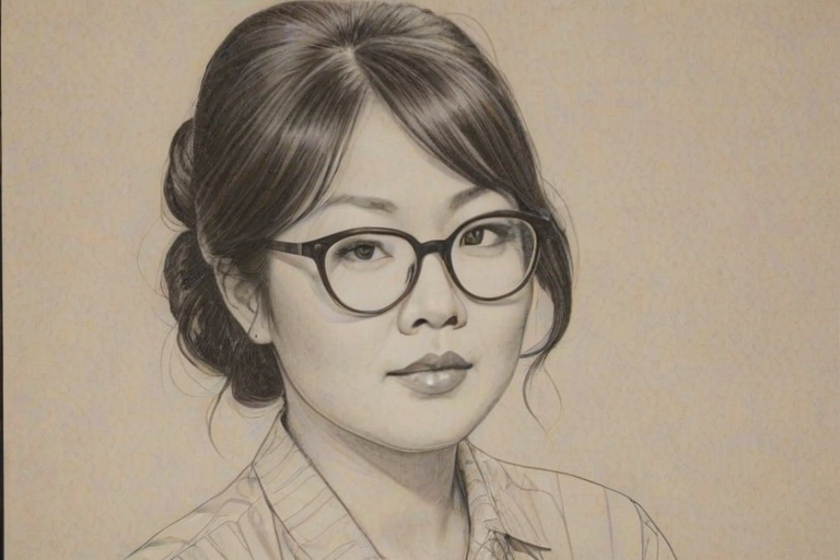 Splendid Margaret Cho, pencil sketch, portrait of Pleasing woman 1963s in glasses, hair style beatnik, outline, clear lines, fine lines, 8k