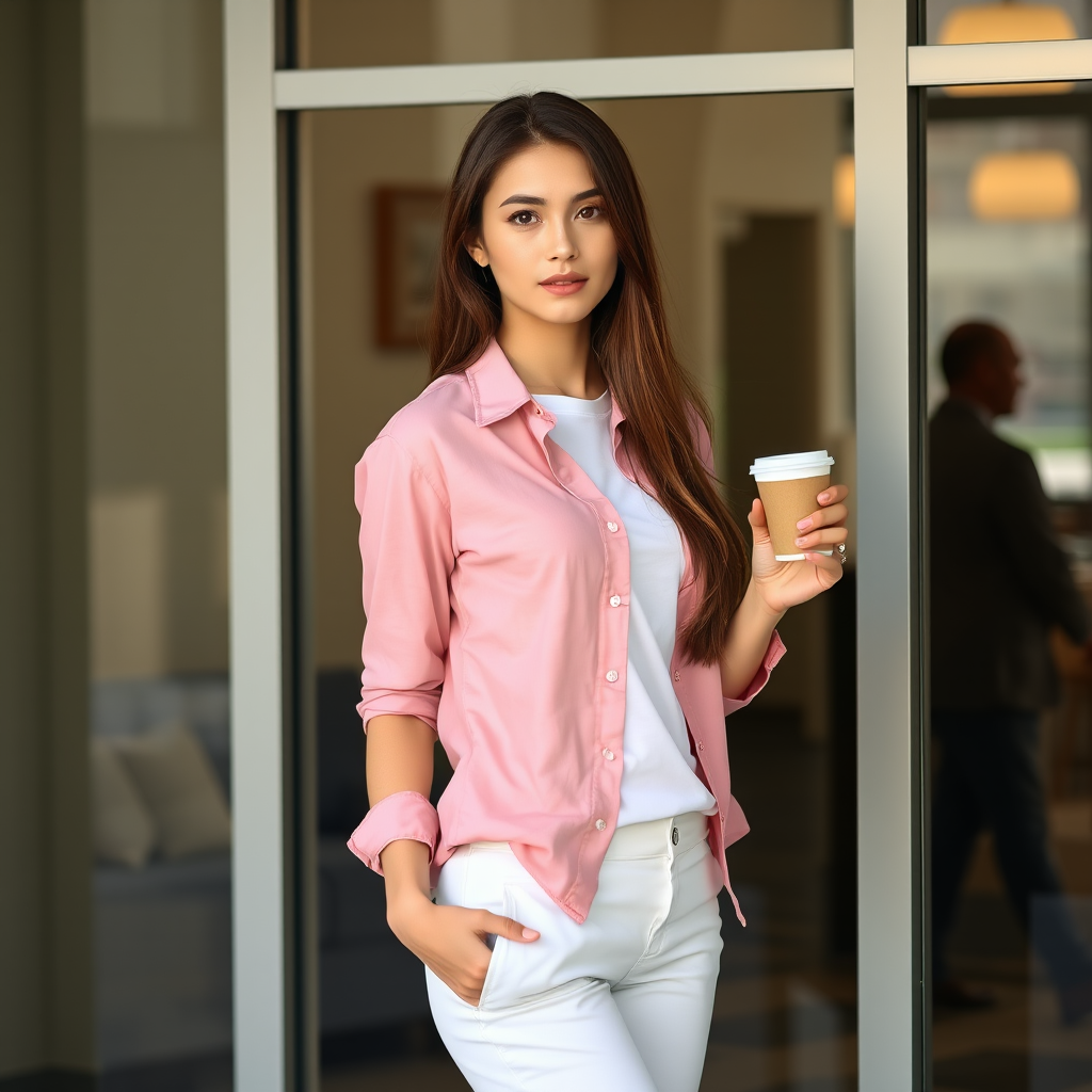 A young woman with long brown hair stands with her back against a glass door, wearing a pink button-down shirt over a white T-shirt and white pants, holding a cup of coffee in her right hand. The woman is looking directly at the viewer, her expression is neutral. Her right hand is tucked into the pocket of her pants while her left hand holds the coffee cup. The lighting is soft and natural, highlighting her features. The background is blurred, with the focus on the woman. The photo is taken from a slightly elevated perspective, showcasing the woman's full figure.