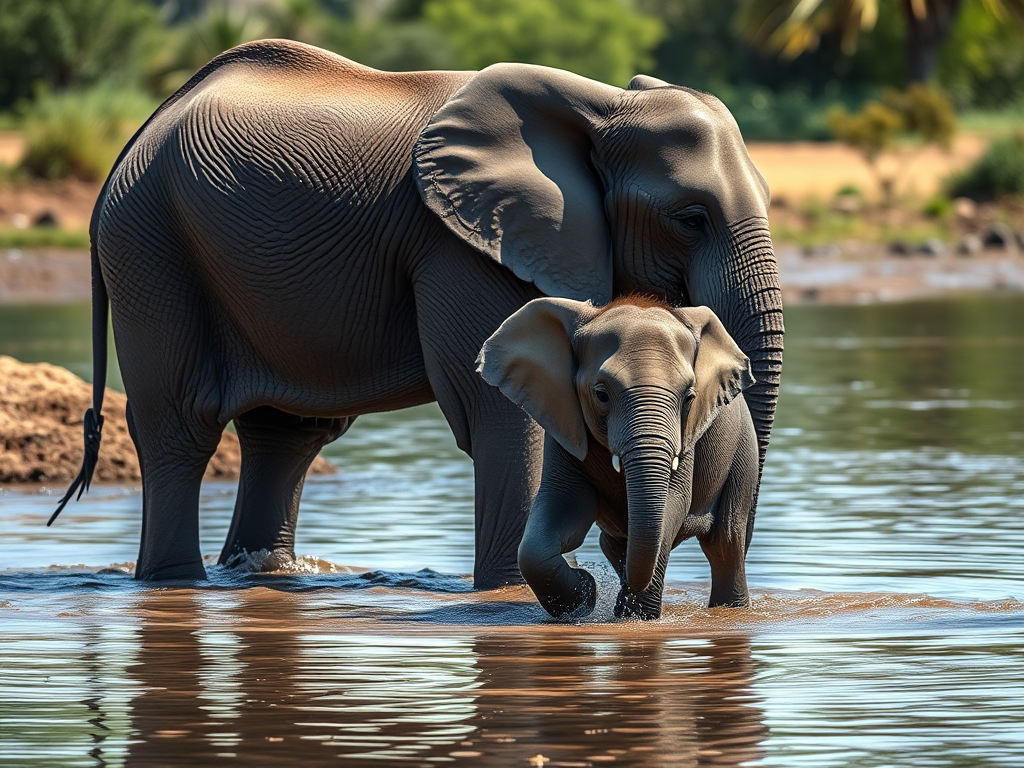 Generate an image of an adult and a baby elephant walking through shallow water, using a DSLR camera with a 50mm lens, aperture set to f/2.8, ISO 200, and a focal length of 50mm, shot in natural light from a low angle to enhance depth and detail.