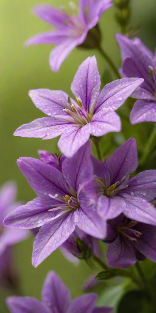 a close-up image of delicate purple flowers with star-shaped petals, showcasing intricate details and soft lighting against a blurred green background