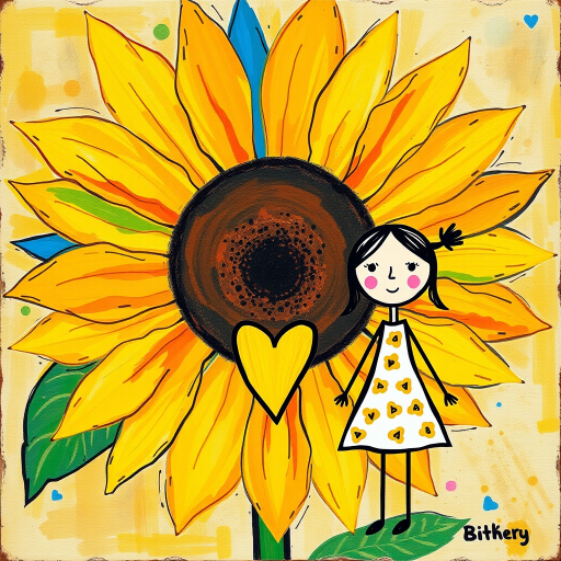Stylized impressionism painting of a large sunflower with an oversized center and colorful petals. Beside, a young female character with eyes represented by dots and a mouth by a line, pink cheeks, hair attached, arms and legs a black line, flowery white dress triangle shape. A yellow heart surrounded by a black line between the two. Textured background with touches of colorful paint. Childish style.
