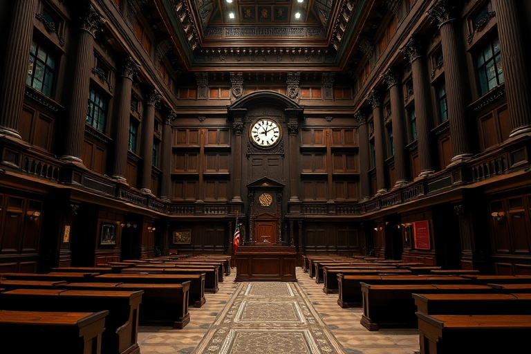 Generate a high-resolution image of a grand courtroom with ornate architectural details, featuring dark wooden furnishings, tall columns, and a large clock, captured with a Canon EOS R5, 24mm lens, f/8, ISO 100, using a wide-angle perspective to enhance the depth of the scene and maintain sharpness throughout.
