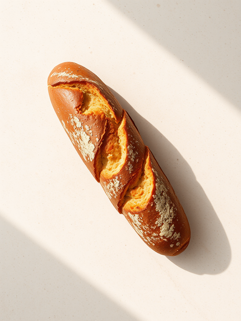 Create a high-resolution image of a rustic baguette on a plain background, shot with a Canon EOS R5, 50mm lens, aperture f/2.8, shutter speed 1/100s, ISO 100, using natural light for soft shadows and vibrant color.