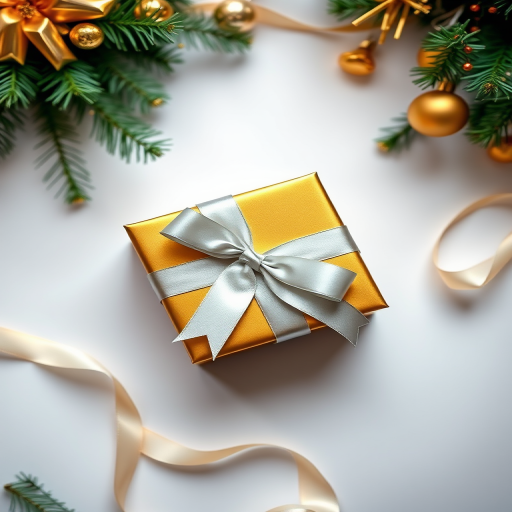 Create a high-resolution image of a gold gift box with a silver ribbon on a white background, using a DSLR camera set to f/2.8, 1/125 sec, ISO 100, shot from a top-down view in a soft light style to enhance details and reflections.