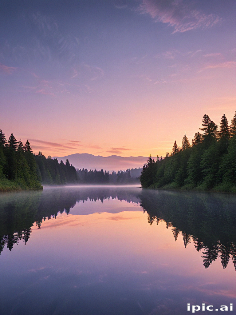 Tranquil Sunrise Over Serene Lake Surrounded by Lush Green Forests