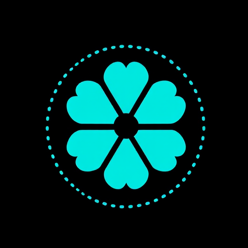 Generate an image of a turquoise flower-shaped emblem with a dotted outline on a black background, camera settings: f/2.8 aperture, 1/60 sec shutter speed, ISO 100, camera view: overhead, camera style: vibrant colors, camera type: DSLR.