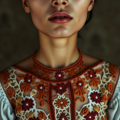 Face, shoulders, chest covered in openwork Romani embroidery. Raw, unedited image.