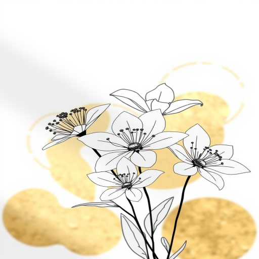 Create a minimalist line drawing of elegant flowers with gold abstract shapes in the background, shot with a Canon EOS R5, 50mm lens, f/2.8 aperture, ISO 100, soft natural lighting, and a shallow depth of field for enhanced detail and clarity.