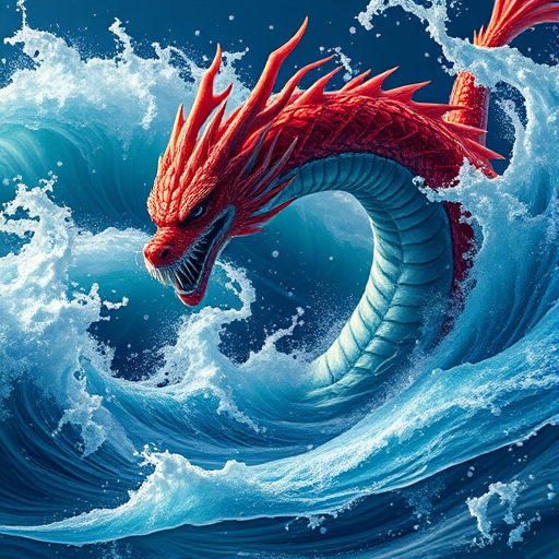 Create a vibrant, mythical dragon emerging from swirling waves, emphasized with rich red and blue colors, shot with a Canon EOS R5 at 50mm, f/1.8, ISO 100, in soft natural lighting with a high dynamic range for enhanced detail.