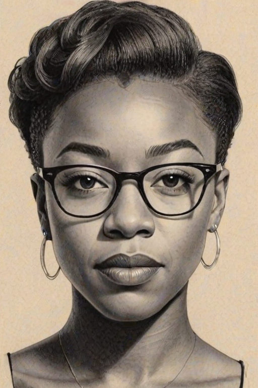 Enticing Samira Wiley, pencil sketch, portrait of Magnificent woman 1931s in glasses, hair style beatnik, outline, clear lines, fine lines, 8k