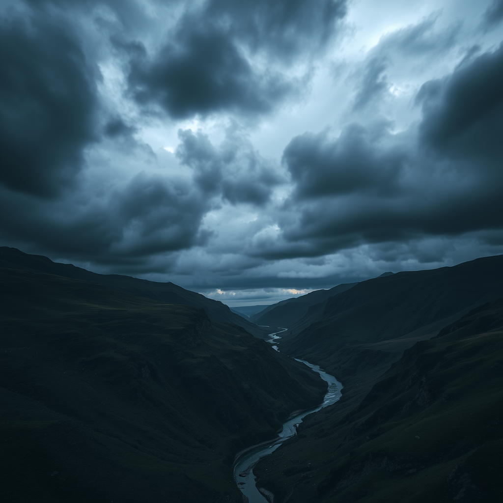 A dramatic landscape of a dark, moody valley under stormy clouds, with a river winding through, captured at dusk with a Canon EOS R5, 24mm lens, f/8 aperture, ISO 100, low angle view, long exposure to enhance atmospheric depth and contrast.